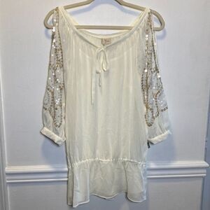 Boho Holiday Chic Dressbarn Yvos White Sequin Cold Shoulder Tunic Blouse S NWT